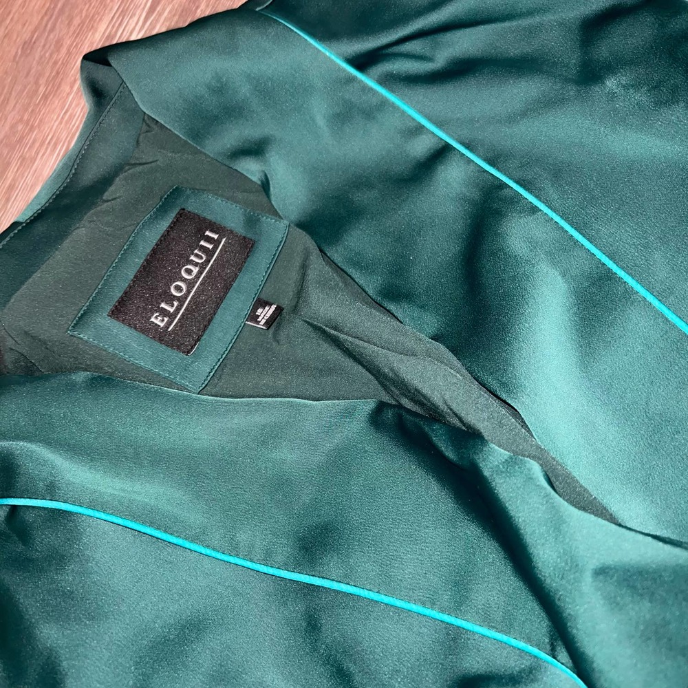 Eloquii Dark Green Satin Jacket with Teal Piping - Picture 2 of 7